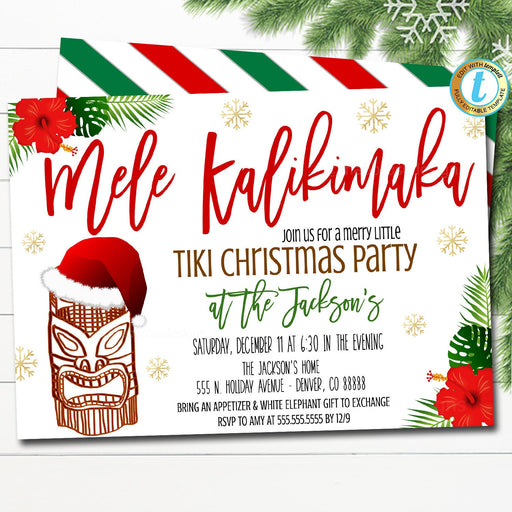 Christmas Mele Kalikimaka Tropical Beach Holiday Party Invite, Hawaiian Tiki Bar Retro Xmas, Flowers Red Hibiscus, DIY Editable Template