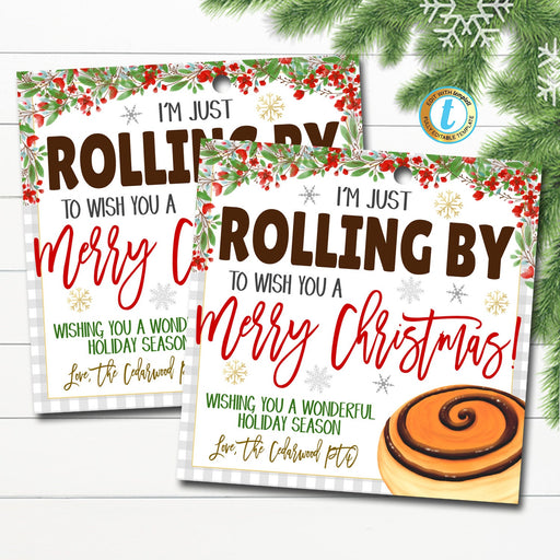 Christmas Cinnamon Roll Gift Tag, Rolling By to Say Happy Holidays, Nurse Teacher Employee Staff Appreciation Bakery Treat Editable Template