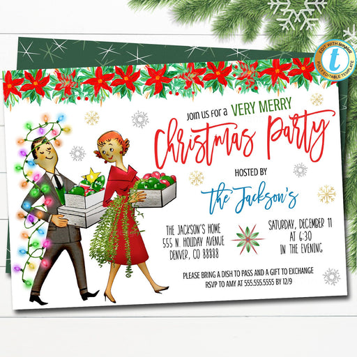 Retro Christmas Party Invitation Vintage Holiday Adult Party Invite, Mid Century Modern Xmas Happy Hour Bar Party, DIY Editable Template