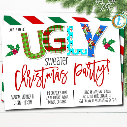 Ugly Sweater Christmas Party Invitation, Modern Minimal Xmas Invite Holiday Ugly Sweater Adult Cocktail Work Party, DIY Editable Template