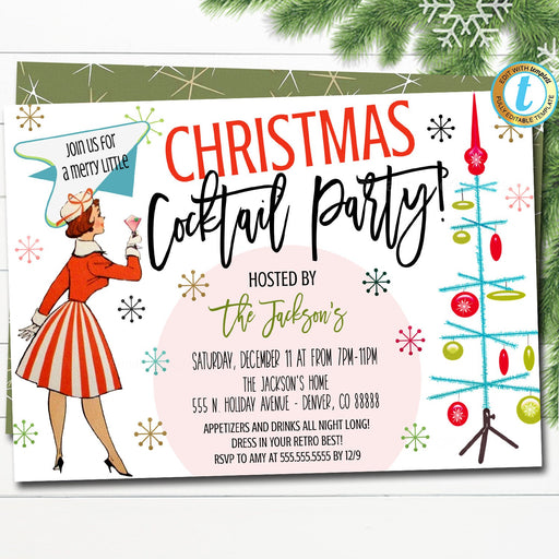 Retro Christmas Cocktail Party Invitation Vintage Holiday Adult Party Invite, Mid Century Modern Xmas Happy Hour Bar Party Editable Template