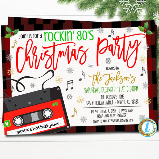 Christmas Party Invitation, 80's Rockin Holiday Party Retro Vintage Plaid Hipster Christmas, Adult Cocktail Party Editable Template Download