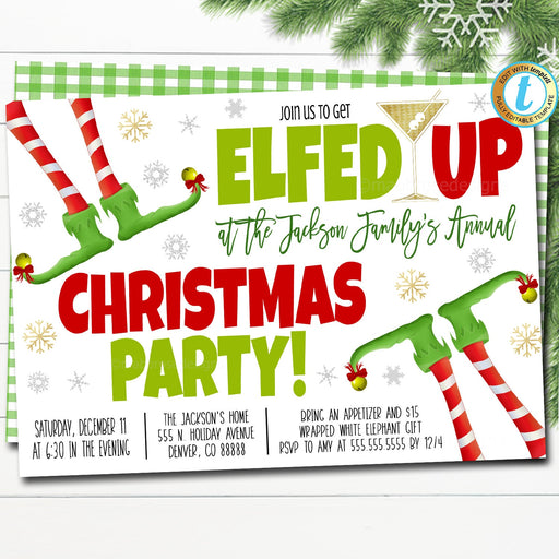 Christmas Let's get Elfed Up annual christmas Party Invite, Editable Adult Christmas Invitation holiday cocktail party DIY Editable Template
