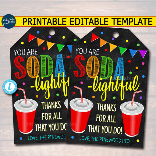EDITABLE Soda Thank You Tags, Teacher Appreciation, Treat Tag Printable Chalkboard Tags, Volunteer Staff Thank You Label Editable Template