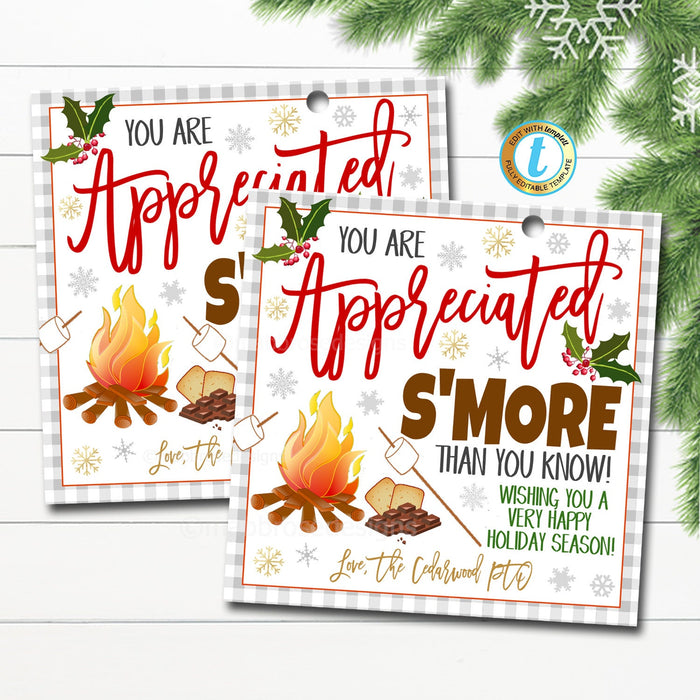 Christmas S'mores Gift Tag, Chocolate Candy Gift, Client Nurse Teacher Staff Employee Holiday Appreciation Thank You Tag, Editable Template