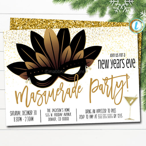 New Years Eve Party Invitation, Masquerade Party NYE Party Adult Holiday Invite, Cocktail Corporate Office Work Party, DIY Editable Template