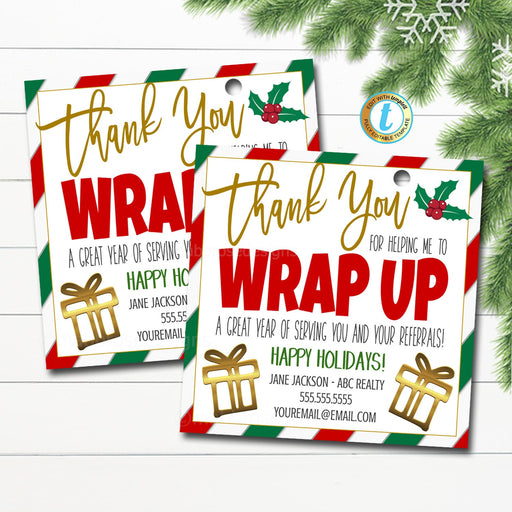 Christmas Realtor Wrapping paper pop by gift tag for clients, thanks for helping me wrap up a great year holiday marketing Editable Template