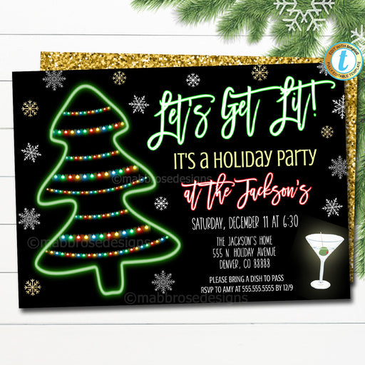 Christmas Party Invitation Funny, Digital Template, Adult Holiday Invite, Let's get Lit Neon Light, Xmas Cocktails season, Editable Template
