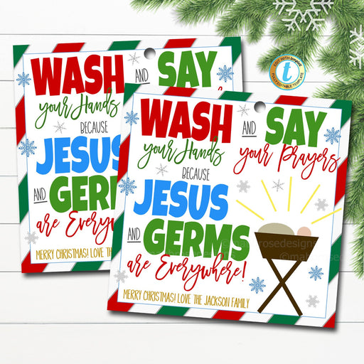 Christmas Religious Gift Tag, Wash Your Hands Say Your Prayers Jesus Germs Everywhere, Holiday Catholic Faith Christian, Editable Template