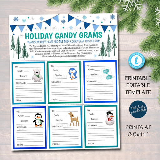 Holiday Candy Gram Flyer, Holiday Candy Gram Fundraiser, Winter Blue Pto Pta School Church Fall Fundraiser, Xmas Printable EDITABLE TEMPLATE