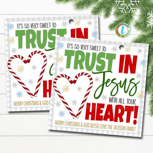 Christmas Religious Gift Tag, Sweet to Trust in Jesus with your Heart, Candy Cane Holiday Catholic Faith Christian Treat, Editable Template