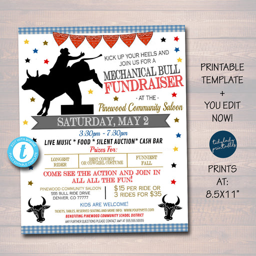 Mechanical Bull Fundraiser Flyer School PTA PTO Fundraising, Church Scouts Team Sports Charity Nonprofit Benefit Printable Editable Template