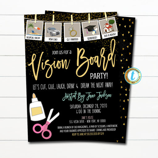 Vision Board Party Invitation, Girls Night Ladies Invite Cocktail Party, Craft Night New Years Party, Dreams Goals, DIY EDITABLE TEMPLATE