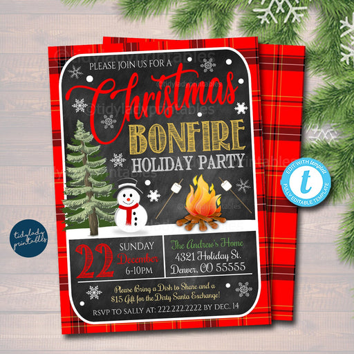 Christmas Bonfire Party Invitation, Holiday Party Invite, Holiday S'mores Winter Backyard Party Digital Plaid Invitation, INSTANT DOWNLOAD