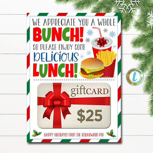 Christmas Fast Food Gift Card Holder, Staff Employee Nurse Teacher Holiday Appreciation Thanks a Bunch So Enjoy Some Lunch Editable Template