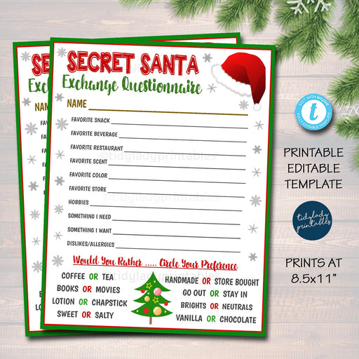 Secret Santa Gift Exchange Printable, Gift Questionnaire, Favorite Things, Survey, Gift List, Gift Ideas for Christmas, EDITABLE TEMPLATE