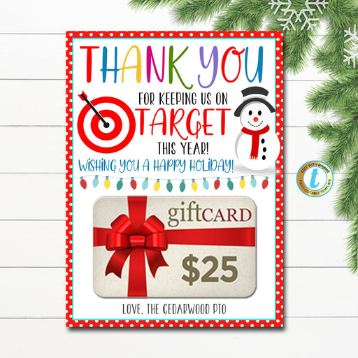 Christmas Printable Gift Card Holder, Thank You For Keeping Us on Target, School Staff Teacher Holiday Appreciation Gift, Editable Template