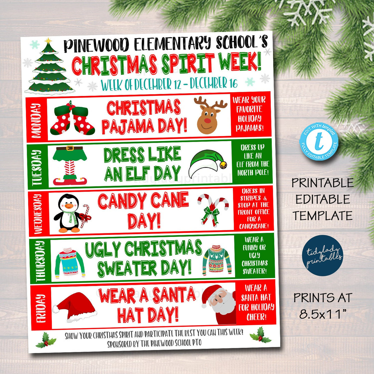 Christmas School Spirit Week Itinerary Schedule — Tidylady Printables