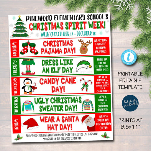 Christmas School Spirit Week Itinerary Schedule, Daily Weekly Calendar, School Pto Pta, Elementary Kids Holiday Planner, Editable Template