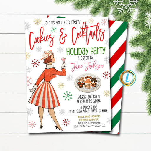 Retro Cookies and Cocktails Christmas Party Invitation, Adult Cocktail Party Holiday Invite,  Cookie Swap Exchange Party, Editable Template