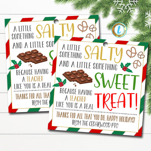 Christmas Chocolate Pretzel Gift Tag, Teacher Staff Employee School Holiday Appreciation, Something Salty Sweet Treat Tag, Editable Template