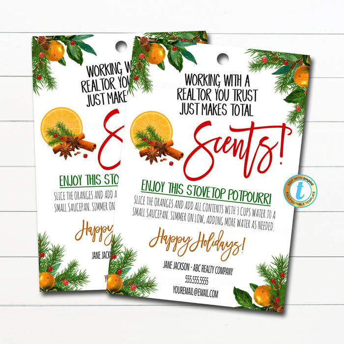 Realtor Christmas Pop By Stovetop Potpourri Gift Tags, Real Estate Agent Client Gift, Holiday Scent-sational Candle Tag, Editable Template