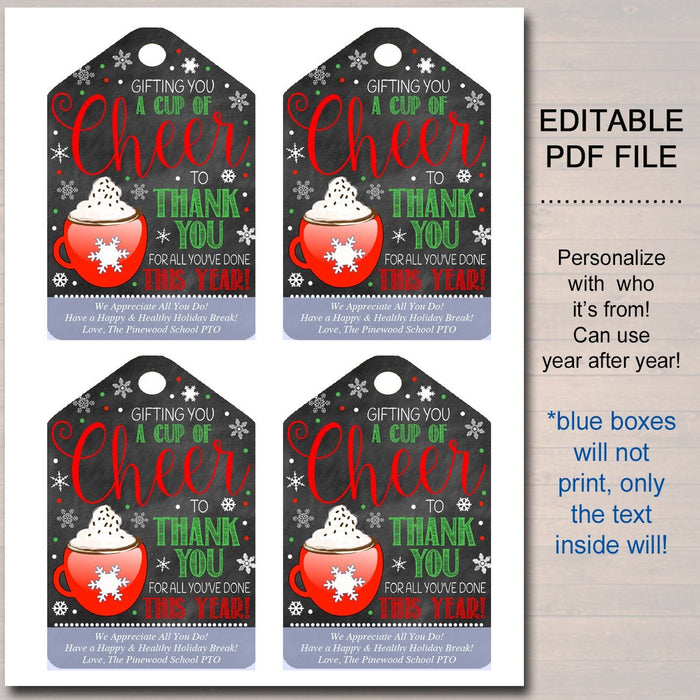 Christmas Gift Tags, Gifting you A cup of Cheer for all you've done this year, Staff Teacher Volunteer Holiday Printable, INSTANT DOWNLOAD