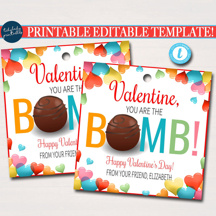 Valentine's Gift Tag, You're the bomb, hot chocolate cocoa, Client Teacher Staff Appreciation, Chocolate Treat Candy Tag, Editable Template