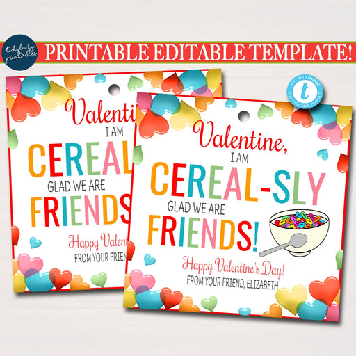 Valentine Cereal Gift Tags, Cereal-sly Glad We're Friends Breakfast Valentine, Classroom School Teacher Staff Valentine, Editable Template