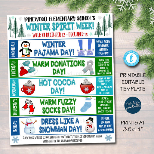 Winter School Spirit Week Itinerary Schedule, Daily Weekly Calendar, School Pto Pta, Elementary Kids Holiday Planner, Editable Template