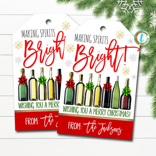 Christmas Wine Gift Tags, Alcohol Booze Cocktail Tag, Making Spirits Bright, Holiday Party Hostess Gift, Wine Hang Tag DIY Editable Template