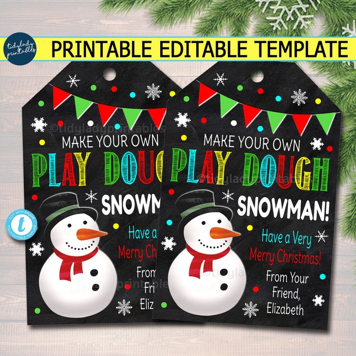 Make Your Own Play Dough Snowman Tree Gift Tags, Printable Classroom Tags, Holiday Kids Toy Gift, Non Candy Teacher Xmas EDITABLE TEMPLATE