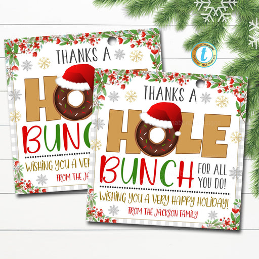 Christmas Donut Gift Tag, Teacher Staff Nurse Employee Appreciation, Thanks a Hole Bunch for All That You Do, School Pto, Editable Template
