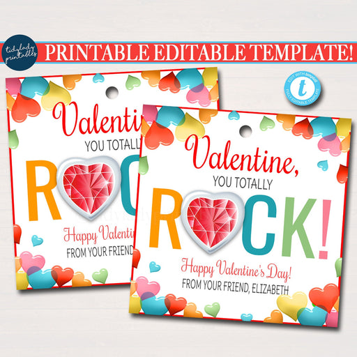 EDITABLE Valentine You Rock Gift Tags, Candy You're a Gem Valentine Gift Tag, Classroom School Teacher Staff, Valentine Label DIY Template