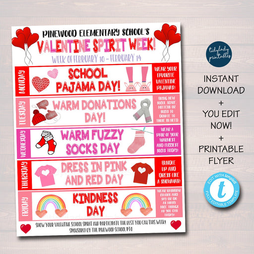 Valentine School Spirit Week Itinerary Schedule, Daily Weekly Calendar, School Pto Pta, Elementary Kids February Planner, Editable Template