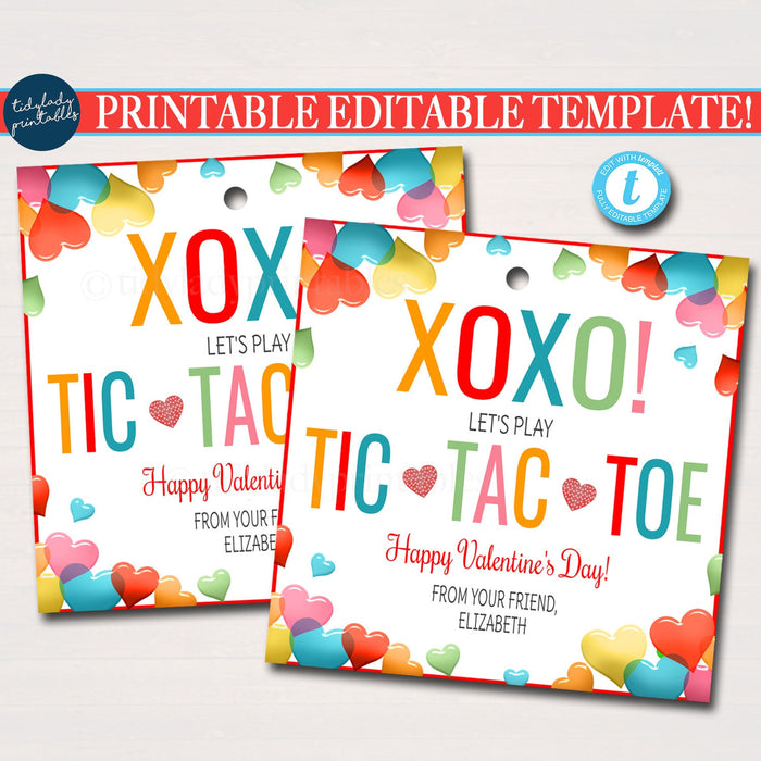 Valentines Tic Tac Toe Gift Tags, valentines day xoxo fun game Classroom Birthday Non Candy Party Favor, Valentine Teacher Editable Template