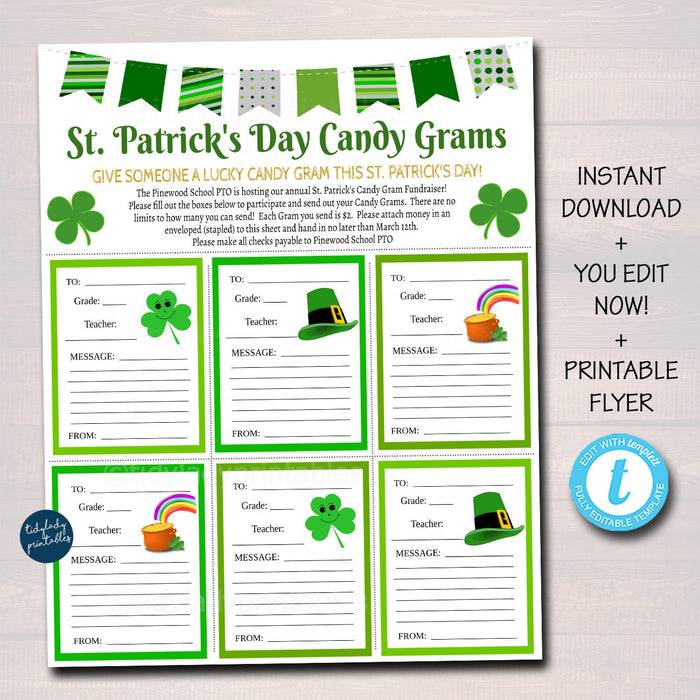 EDITABLE St. Patrick's Day Candy Gram Flyer, School Fundraiser Template, St. Paddy's School Pto Pta Church Community Event, INSTANT DOWNLOAD