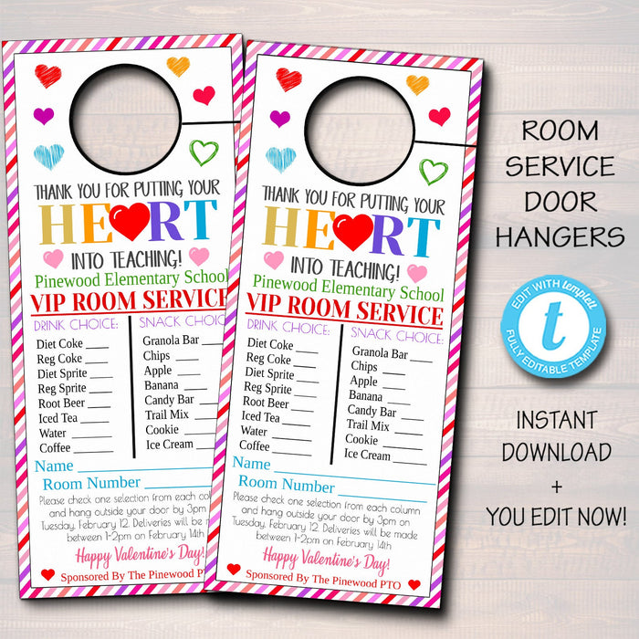 Printable/Editable VIP Room Service Valentine's Day Thank You Door Hanger for teacher staff appreciation week pto/pta, Hearts Into Teaching