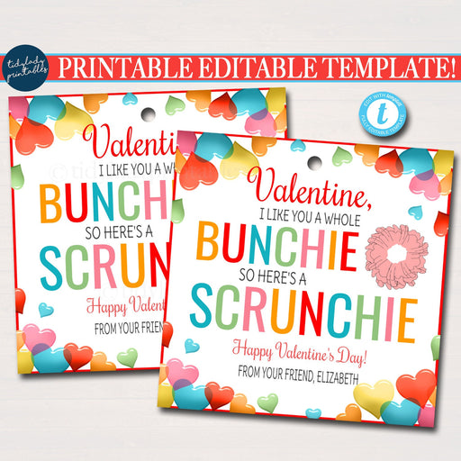 EDITABLE Valentine Scrunchie Gift Tags, I like you a Bunchie Girls Valentine Gift Tag, Classroom School Teacher Staff, Valentine Template