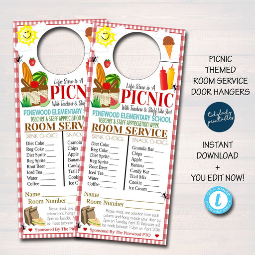 Editable Picnic Themed Room Service Door Hanger, Picnic Party Teacher and Staff Appreciation Idea, BBQ, School Pto Pta, INSTANT DOWNLOAD
