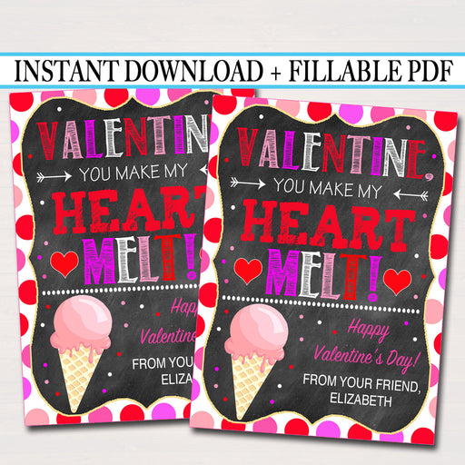 Ice Cream Valentine's Day Gift Tags, Friend Classroom Classmate Printable, Valentine You Make My Heart Melt Tags, Fillable INSTANT DOWNLOAD
