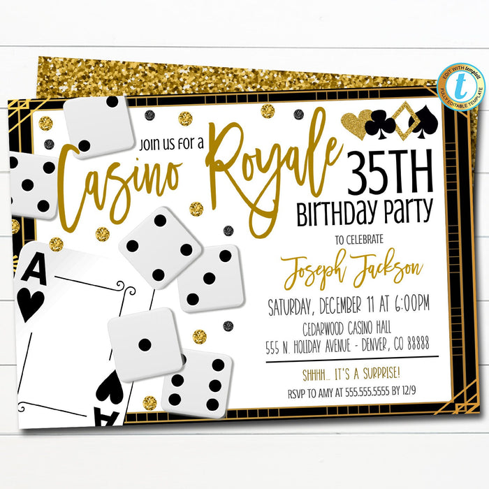 Casino Royale Night Party Invitation, Adult Surprise Birthday Invite, Poker Art Deco Gambling Party, Happy Hour Invite DIY Editable Template