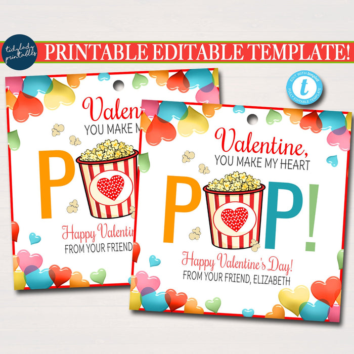 EDITABLE Valentine Popcorn Tags, You make my heart Pop Valentine Gift Tag, Gift Classroom School Teacher Staff Valentine Label DIY Template