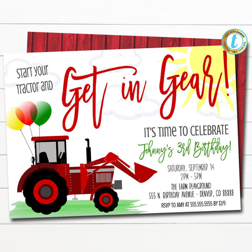 Tractor Birthday Party Invitation, Boys Farm Theme Birthday Party Invite, Get Into Gear Kids Birthday Party, DIY Printable Template