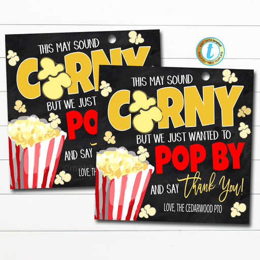Popcorn Gift Tag, Volunteer Teacher Staff Employee School pto pta Appreciation Week Gift, Poppin By to Say Thank You, DIY Editable Template