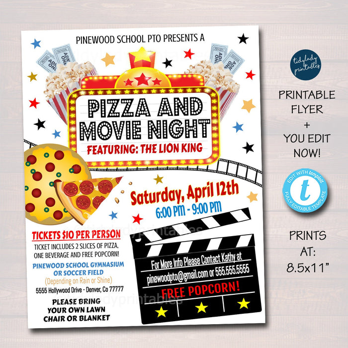 Pizza and Movie Night Flyer, School or Church Pizza party, School Pto Pta Fundraiser, Cinema Party Printable Invitation, EDITABLE TEMPLATE