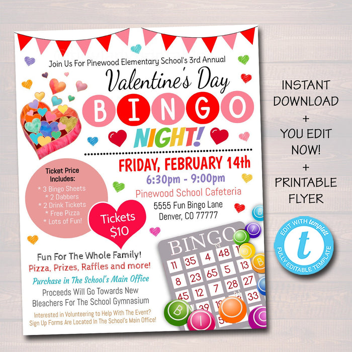 EDITABLE Valentine's Day Bingo Night Flyer, Printable PTA, PTO School Family Fundraiser Event, Community Church Printable Digital Invite