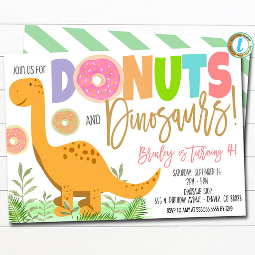 Donuts and Dinosaurs Party Invitation, Printable Birthday Party, Kids Donuts Celebration, Breakfast with Dinos Invitation, EDITABLE TEMPLATE