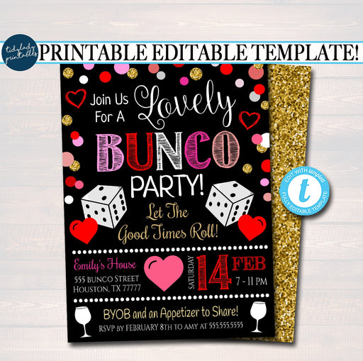 Valentine's Day Bunco Party Invitation, Valentine Bunco Dice Party Invite, Adult Lovely Games Cocktail Party, Printable EDITABLE TEMPLATE