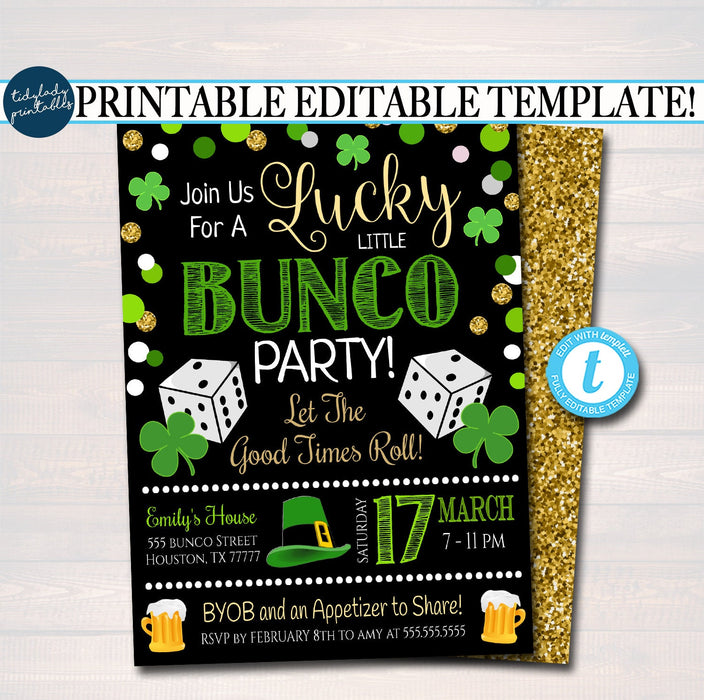 St. Patrick's Day Bunco Party Invitation, Luncky Bunco Dice Party Invite, Adult March Games Cocktail Party, Printable EDITABLE TEMPLATE